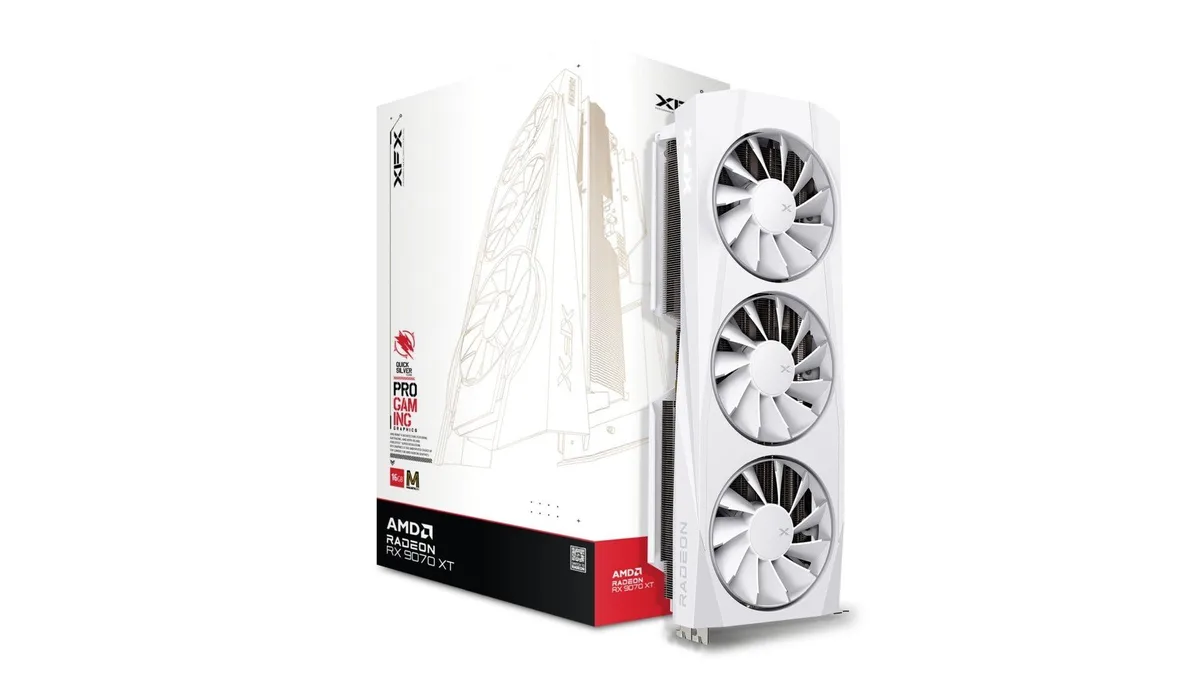 White triple-fan graphics card with magnetic fans, 3.5-slot profile