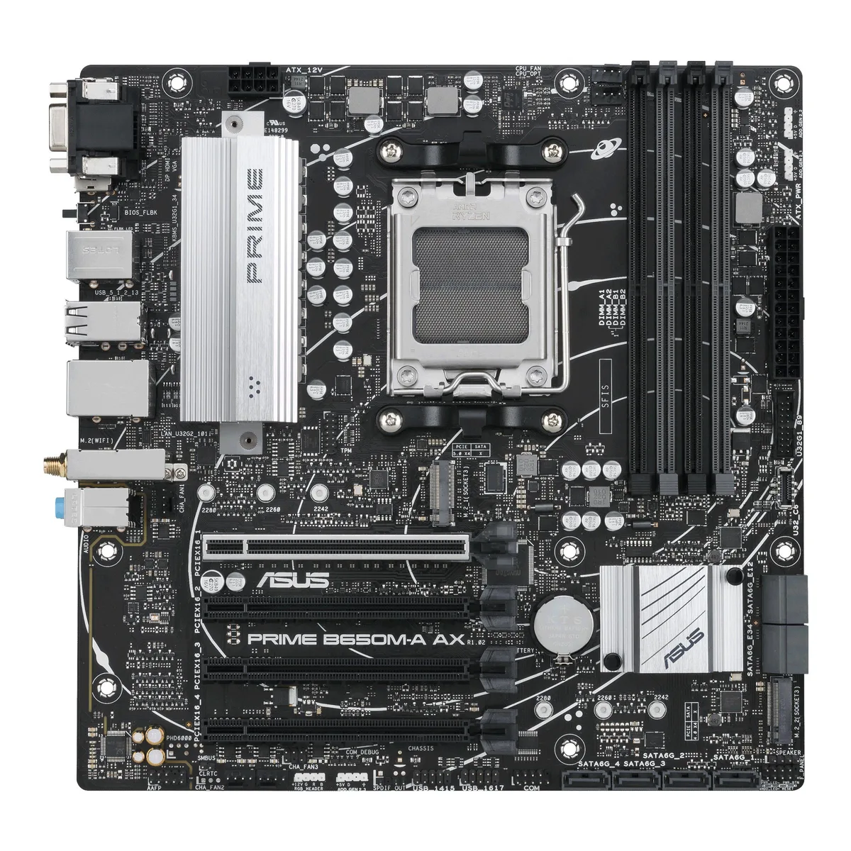 ASUS Prime B650M-A AX MicroATX motherboard in dark finish with silver I/O shield