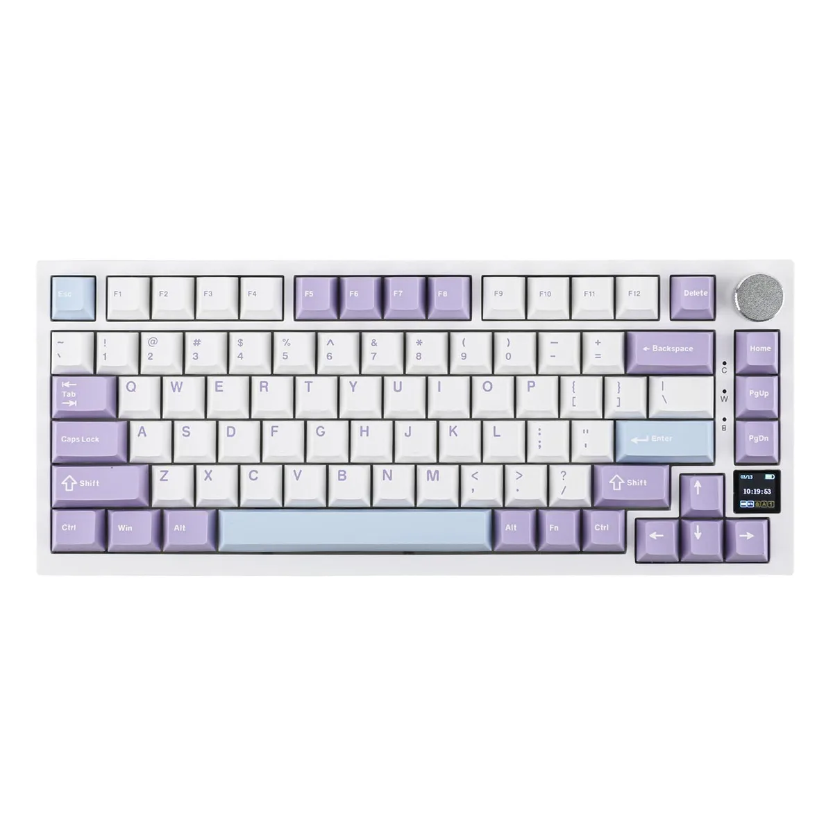 Purple 75 percent wireless mechanical keyboard with TFT knob and RGB backlighting