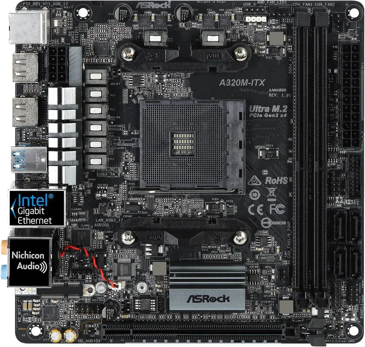 Green square Mini-ITX motherboard with silver CPU socket, two black RAM slots, blue PCIe x16 slot, four SATA ports, two HDMI ports