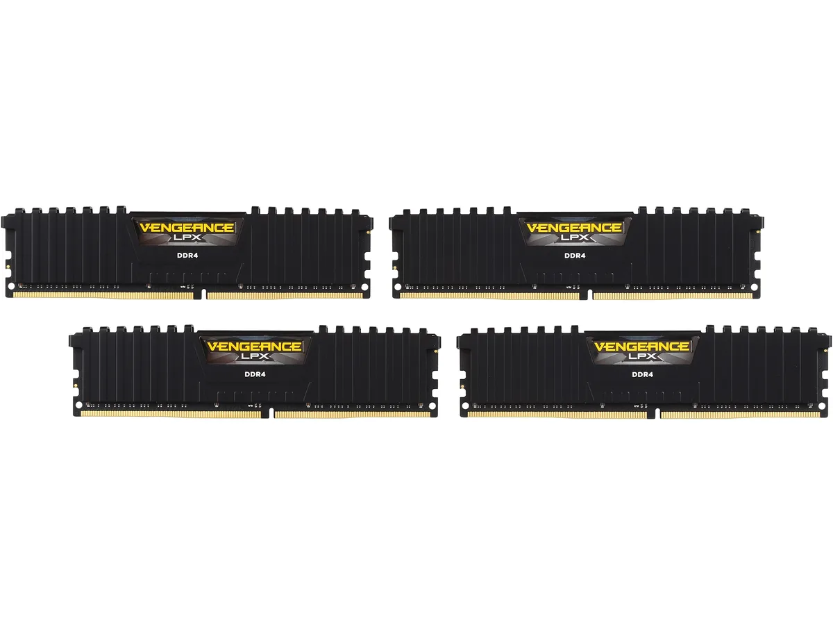 Four black DDR4 modules with low-profile aluminum heatspreaders
