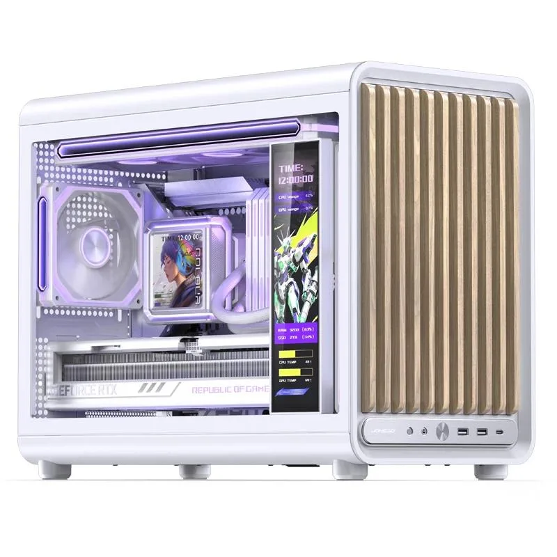 White micro-ATX case with magnetic wood front grille, tempered glass side panel, aluminium front I/O