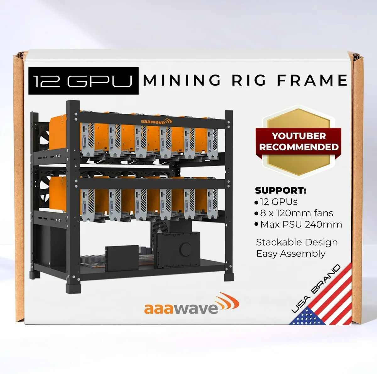 Black open steel frame for twelve GPUs with rubber feet and EVA foam