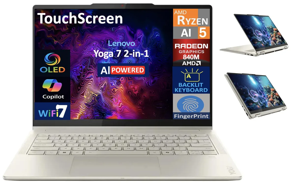 Lenovo Yoga 2-in-1 laptop in Seashell finish with 14.0 inch OLED touchscreen