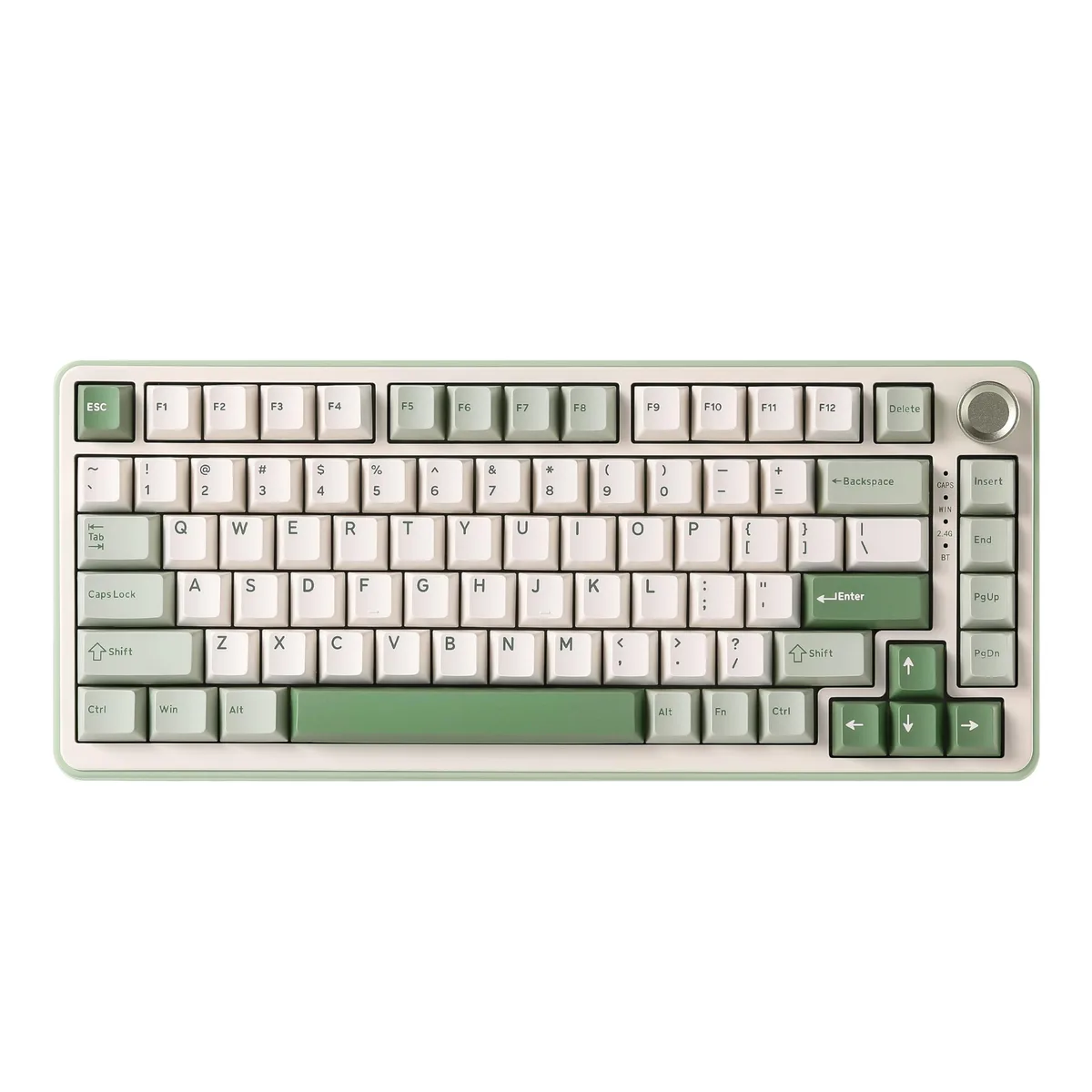 Compact 75% wireless mechanical keyboard in matcha green with a rotary knob and cocoa cream V2 switches