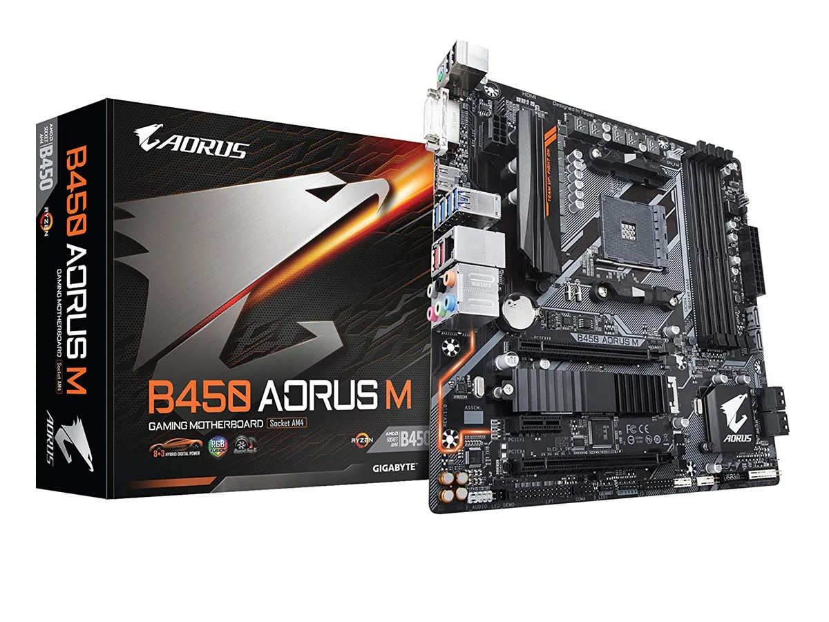 Micro ATX motherboard with black PCB and silver heatsinks, HDMI and DVI ports, RGB lighting accents, 24.4cm square
