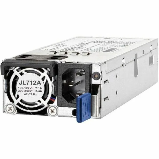Rectangular silver metal power supply module with rear vent grille and side latch