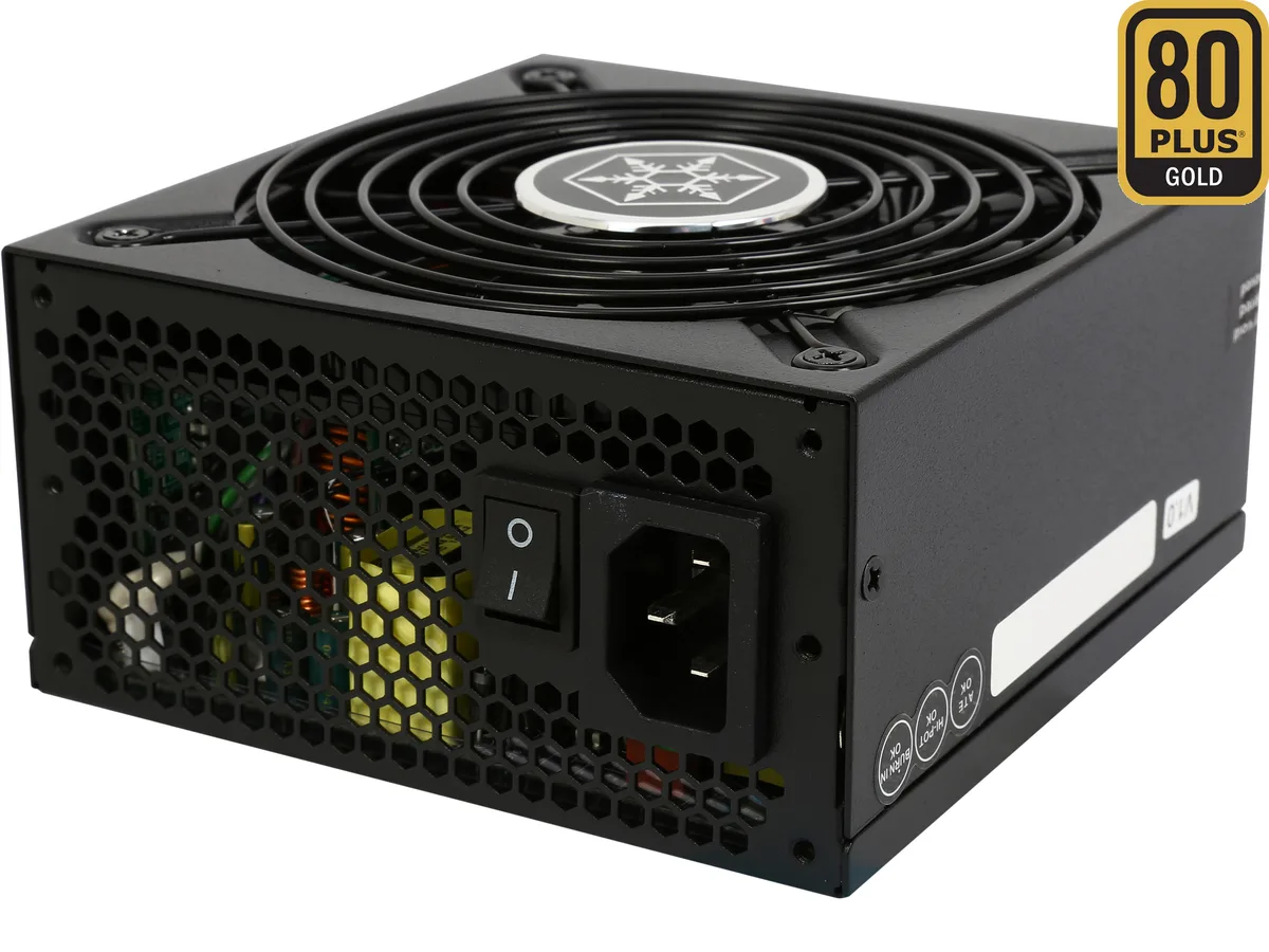 Silverstone SFX-L power supply, matte black rectangular unit with 120mm fan grille and modular cable ports
