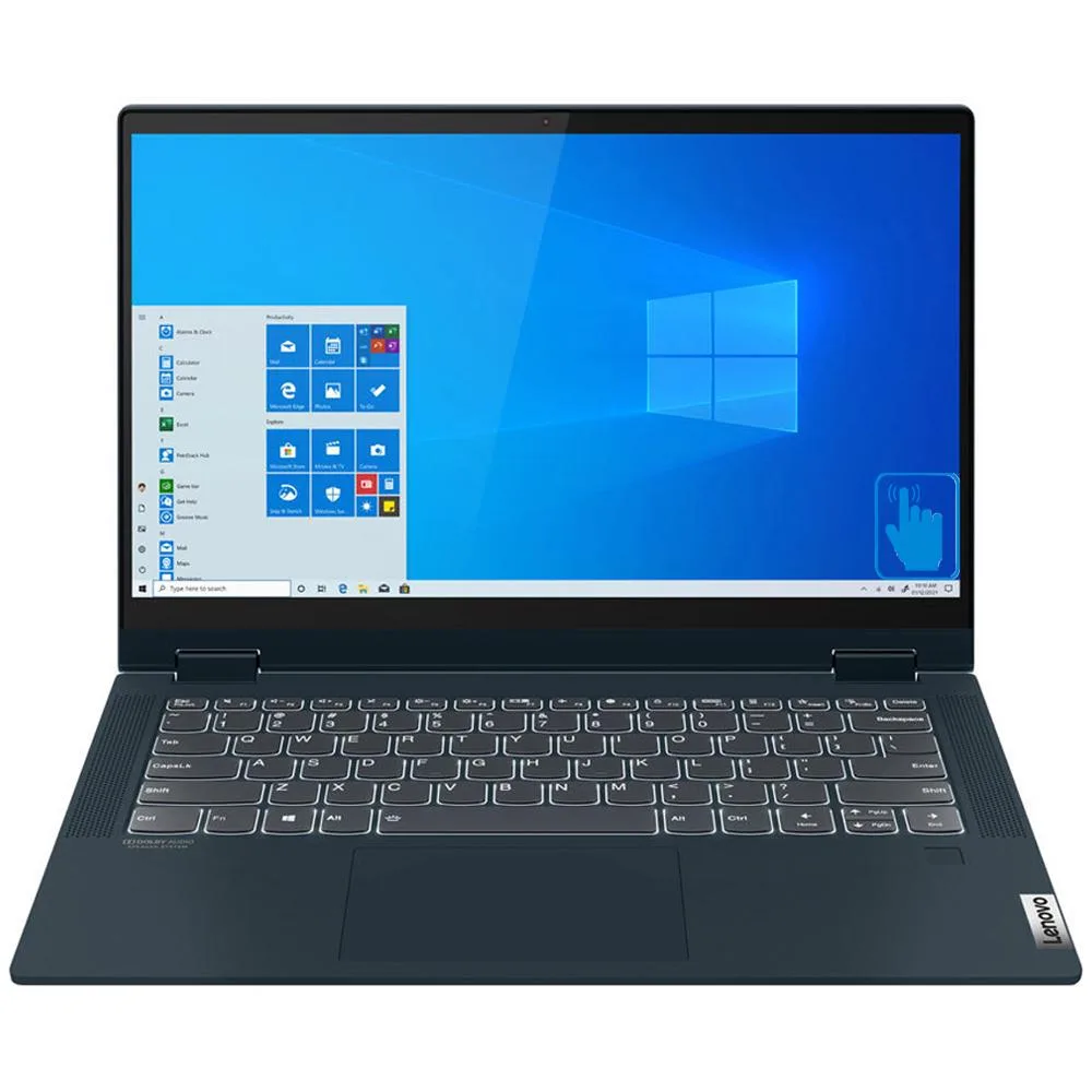 A blue convertible laptop with a 14 inch touchscreen display