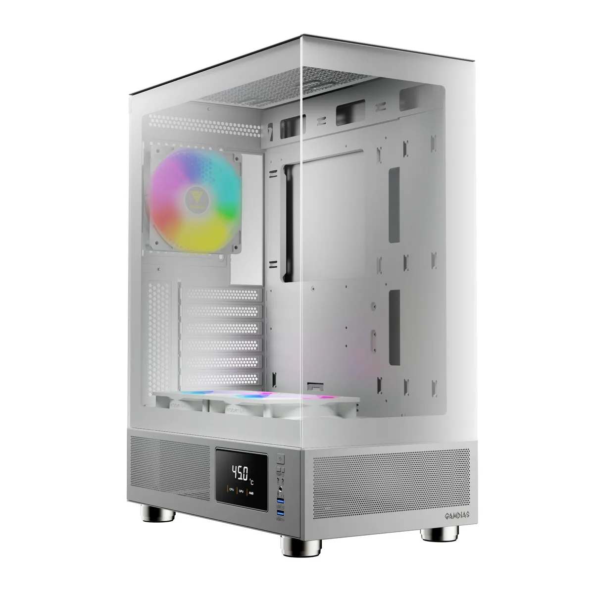White mid-tower case with front LCD screen, tempered glass side panel, three 120mm ARGB fans and perforated mesh front