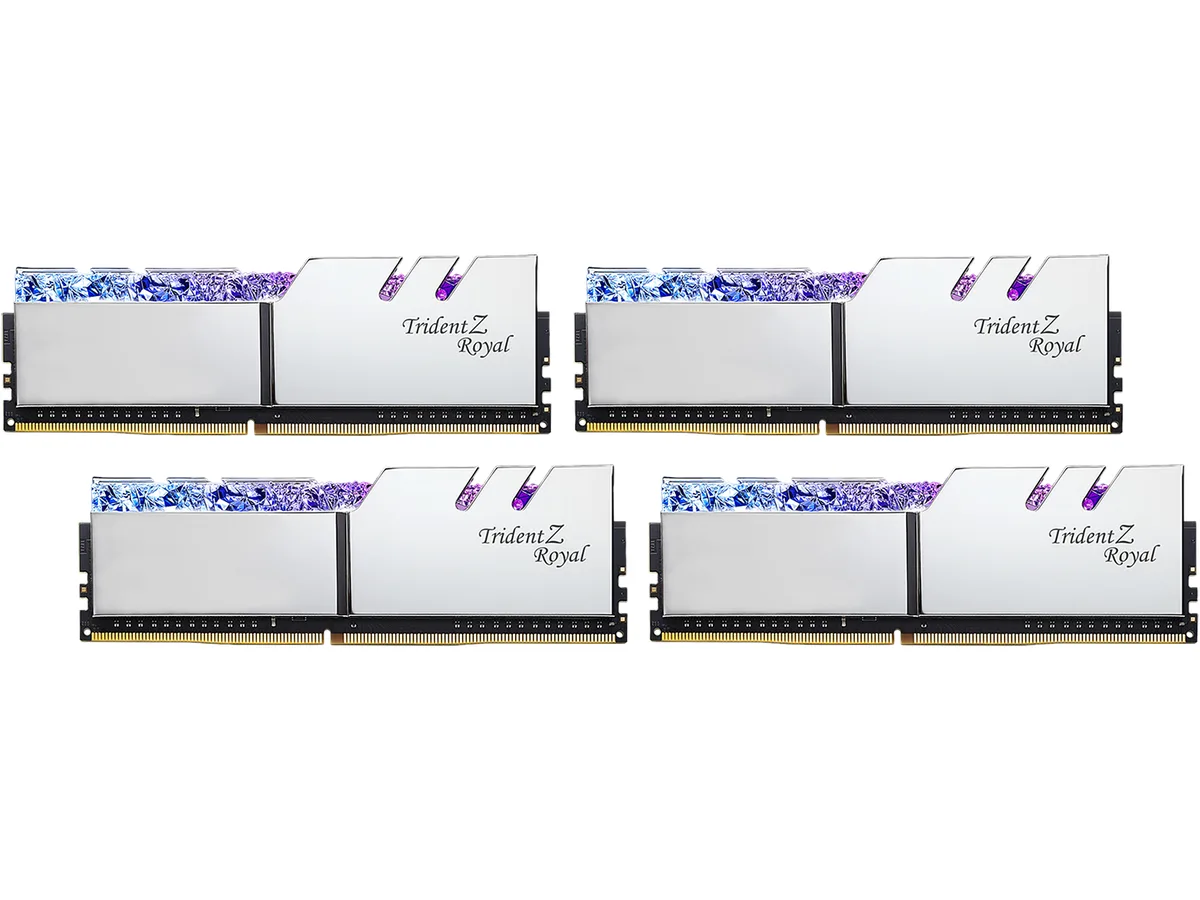 Four silver DDR4 modules with crystalline RGB light bars and mirrored heatspreaders
