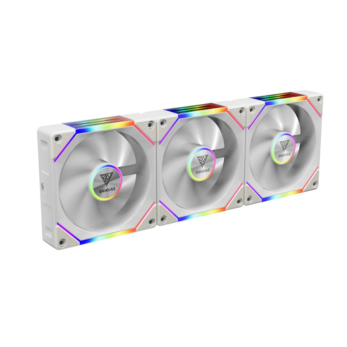 Three white 120mm case fans with infinity mirror ARGB lighting on both sides, 30mm thick, hydraulic bearing, PWM control
