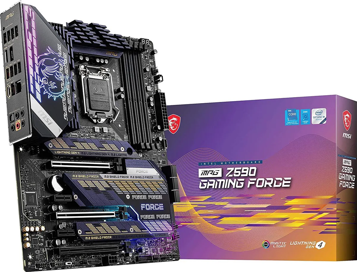 MSI MPG Z590 GAMING FORCE ATX motherboard with black PCB and silver heatsinks