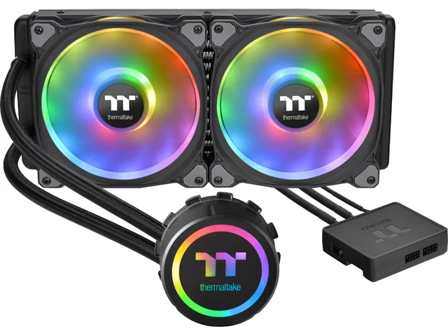 Black 280 mm radiator with two 140 mm RGB fans and illuminated pump block