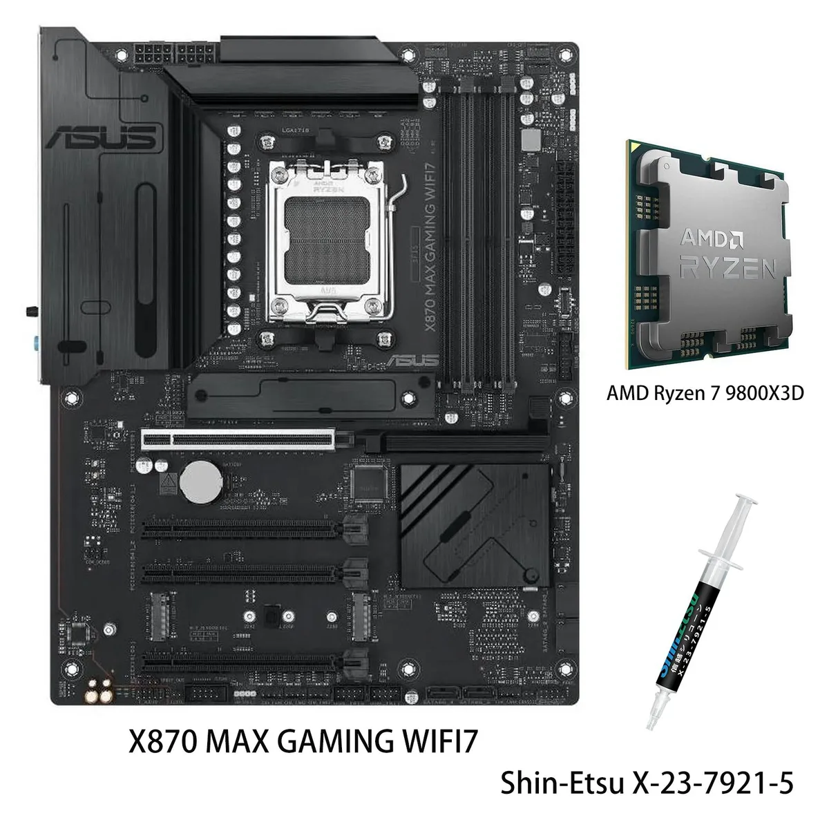 ASUS ASUS X870 MAX GAMING WIFI7 AMD motherboard with Ryzen 7 9800X3D CPU — photo du produit