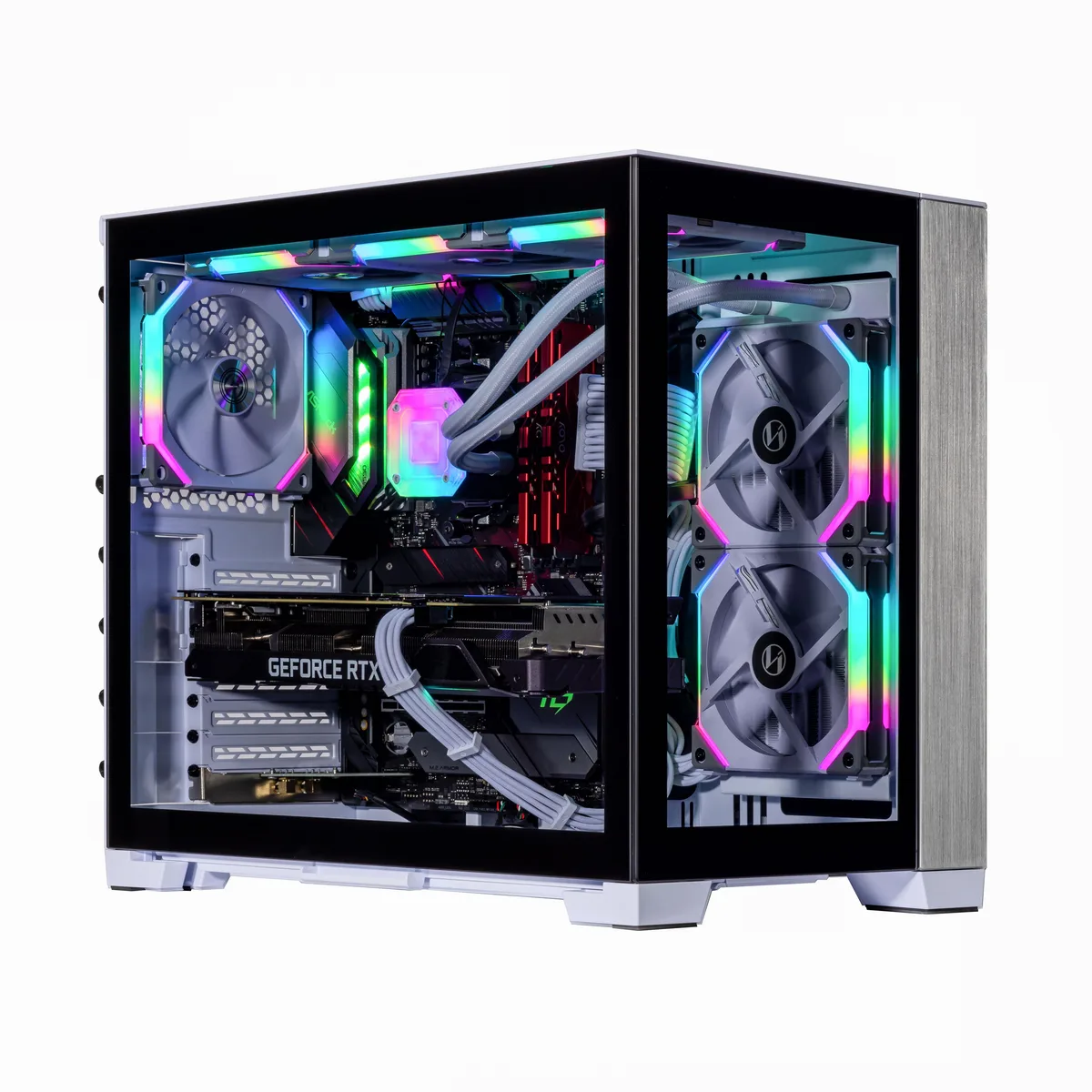 White small form factor gaming desktop with RGB liquid cooling visible through side panel