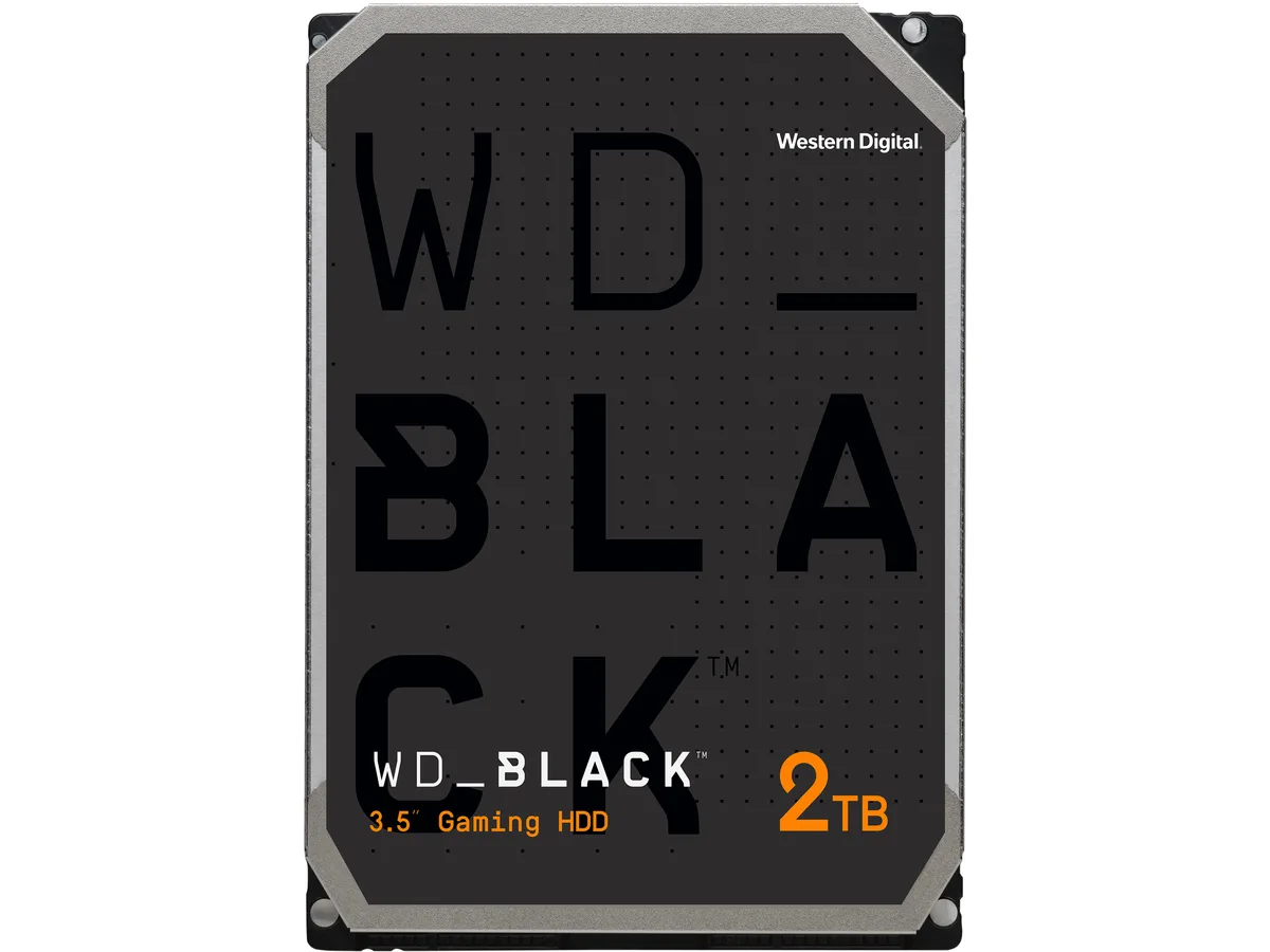 3.5 inch black metal hard drive with silver label and circuit board visible