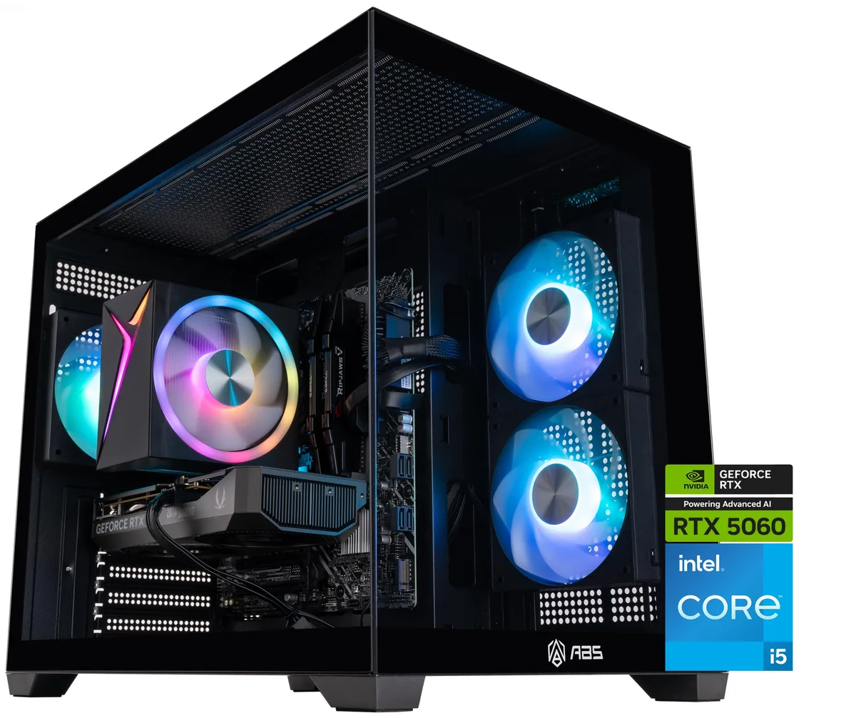 Mid-tower gaming desktop in white chassis with front mesh panel and RGB lighting visible through tempered glass side window