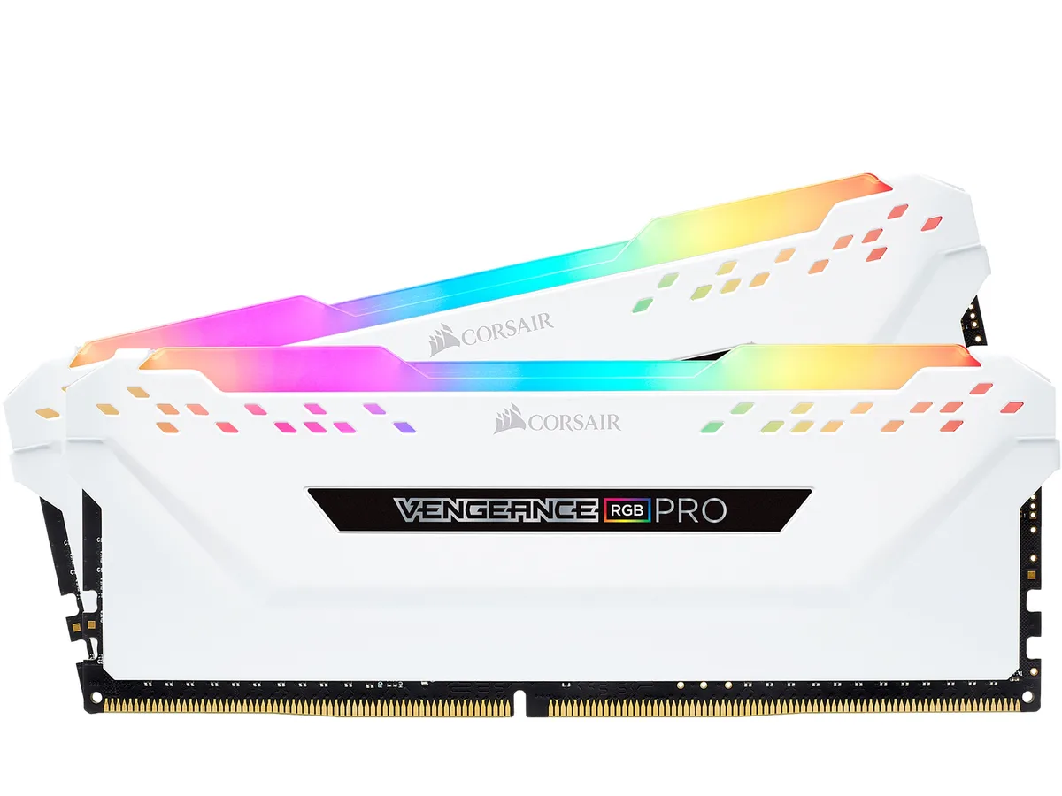Two white DDR4 memory modules with anodized aluminium heat spreaders and RGB LED strips