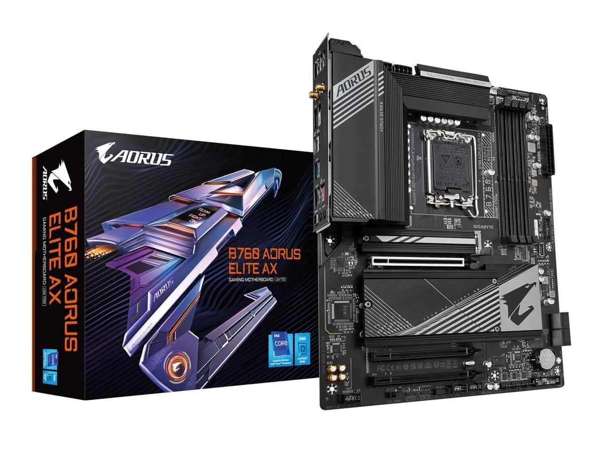ATX motherboard with silver heatsinks and black PCB