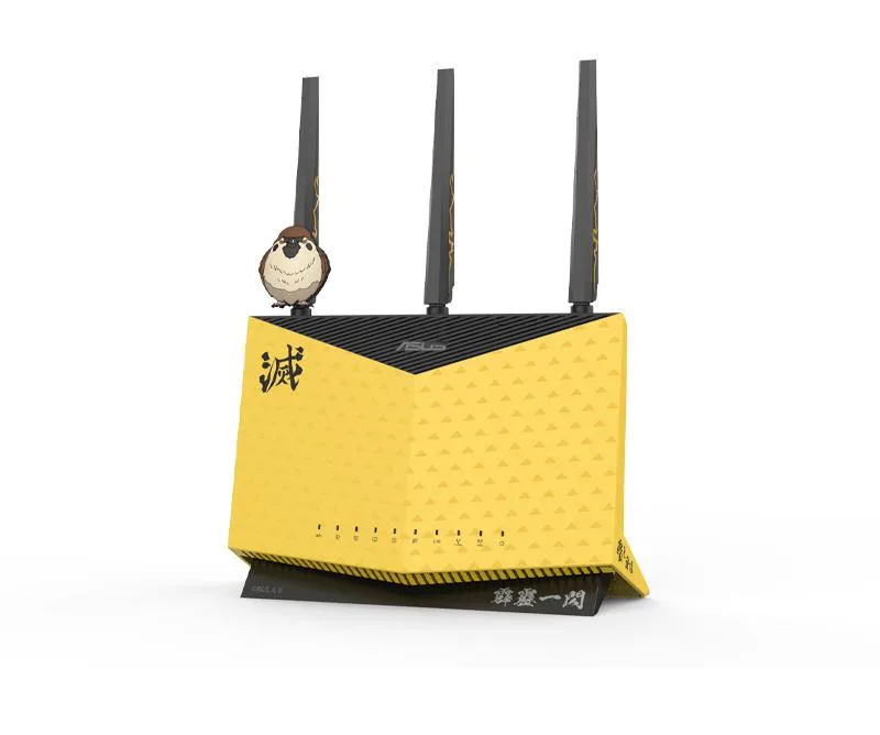Black upright router with Demon Slayer graphics and angled vents