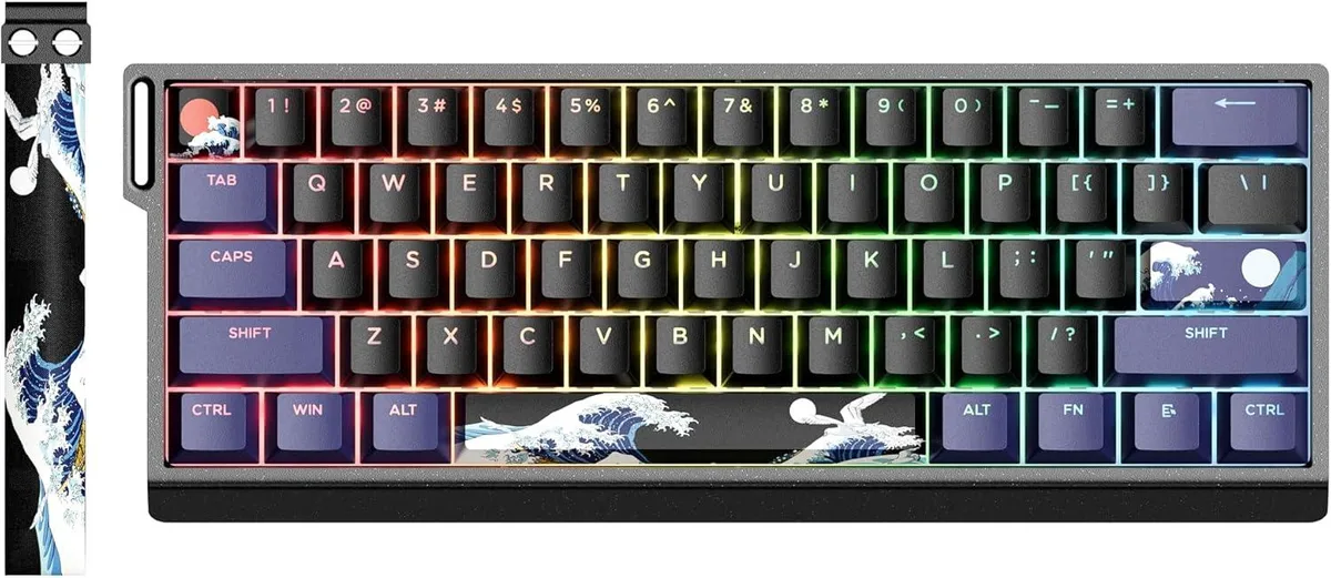 Compact 60 percent aluminium keyboard with Kanagawa anime keycaps and carry strap