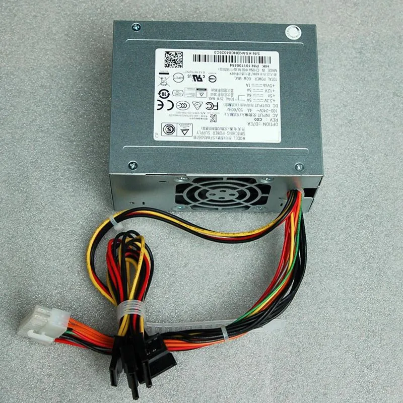 Compact SFX power supply unit with 20-pin connector and four SATA cables, matte black metal casing