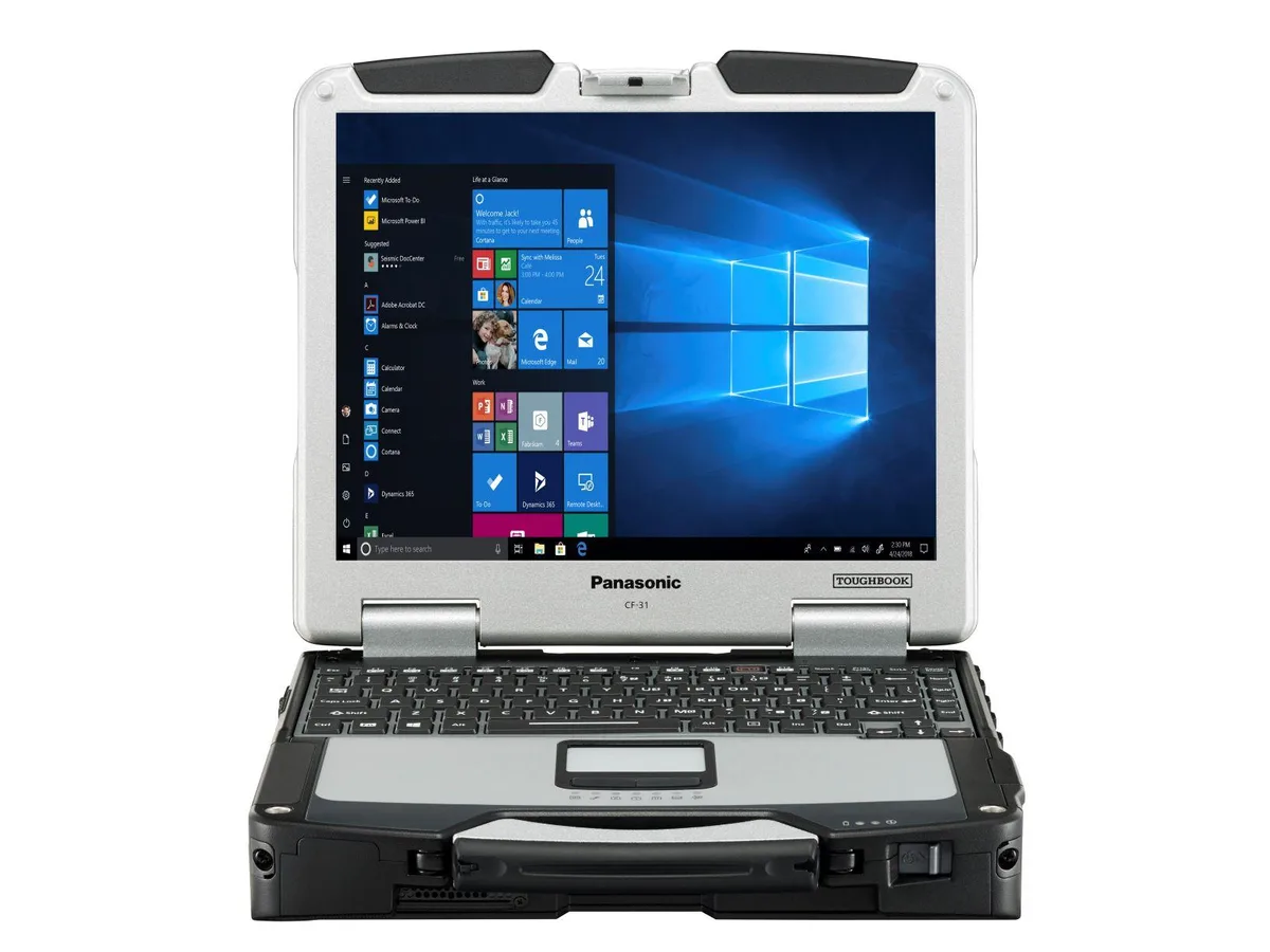 Black and silver rugged laptop with built-in handle and 13.1 inch touchscreen