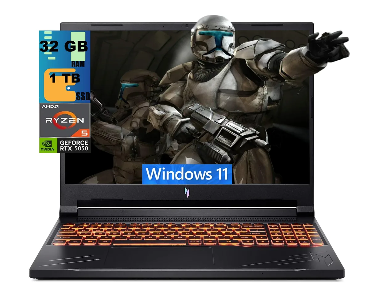 Black 16-inch gaming laptop with thin bezels and backlit keyboard