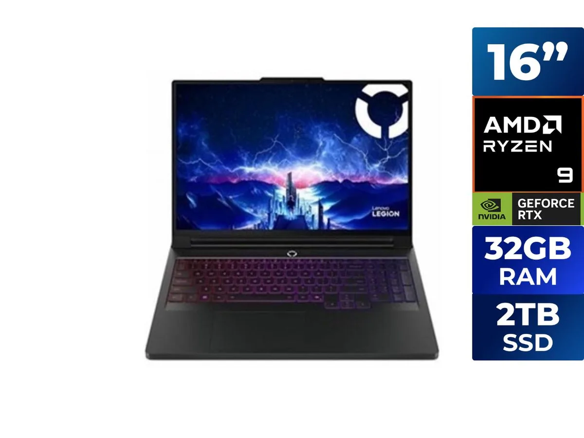 Black 16-inch gaming laptop with matte finish and subtle Legion branding
