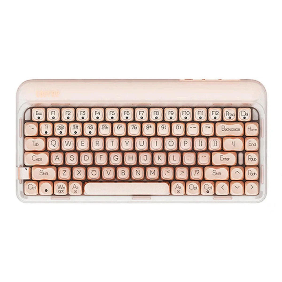 Pink compact 84-key mechanical keyboard with semi-transparent gradient keycaps and matte finish