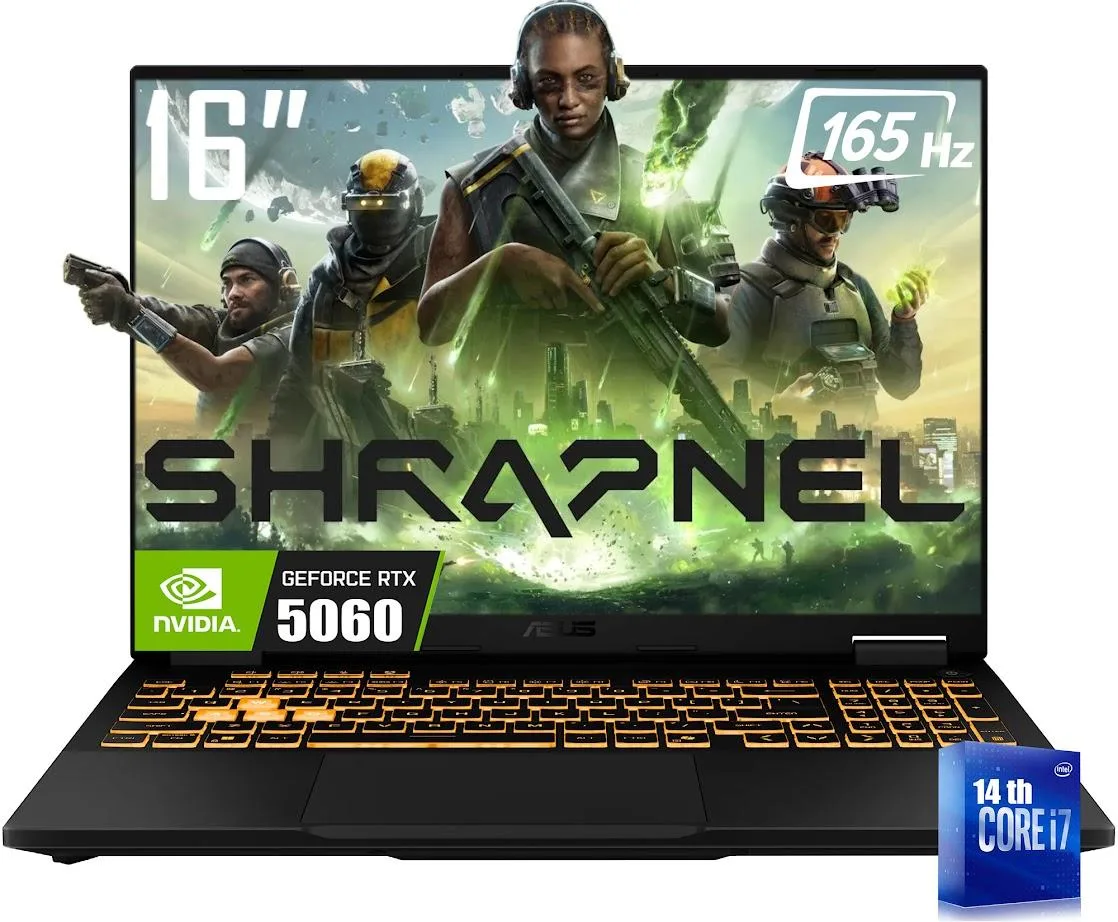 Gray ASUS TUF F16 gaming laptop with 16 inch WUXGA display and RGB keyboard