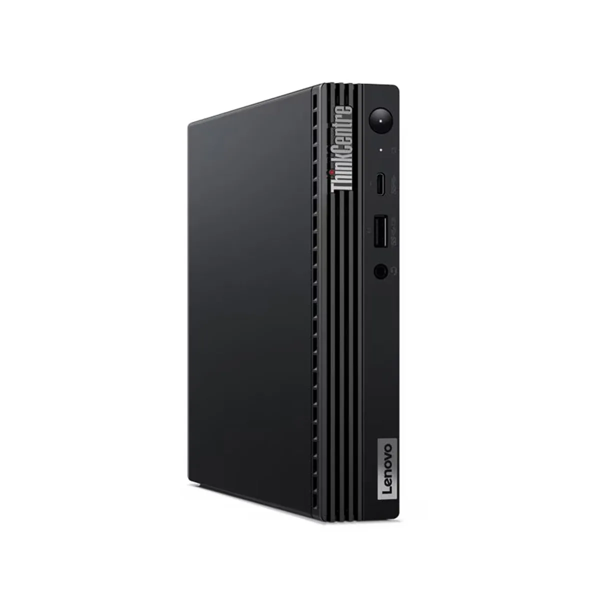 Small black cube desktop, matte finish, front ports visible