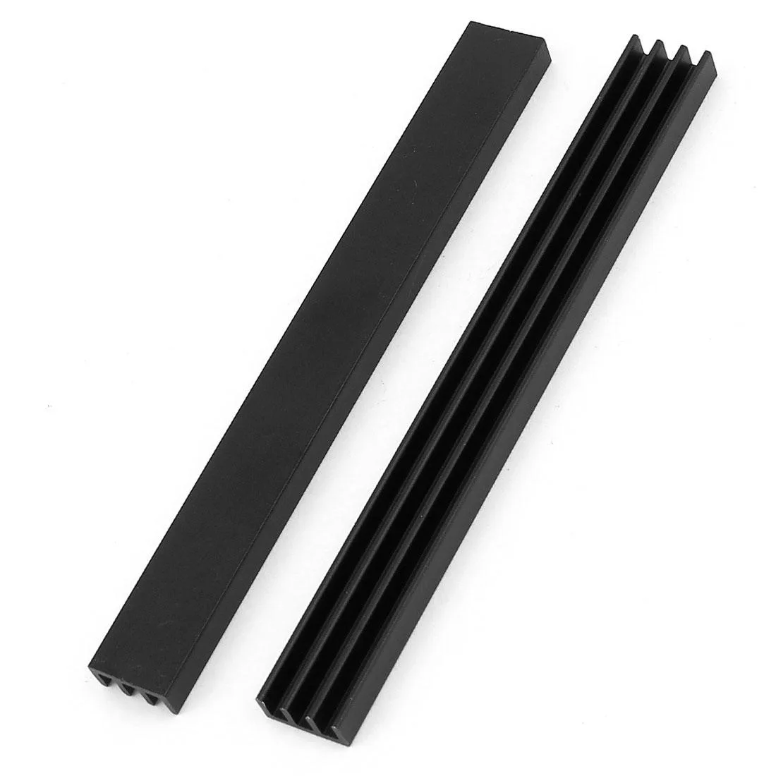 Two black aluminium heat sinks 100x11x5mm finned rectangular blocks