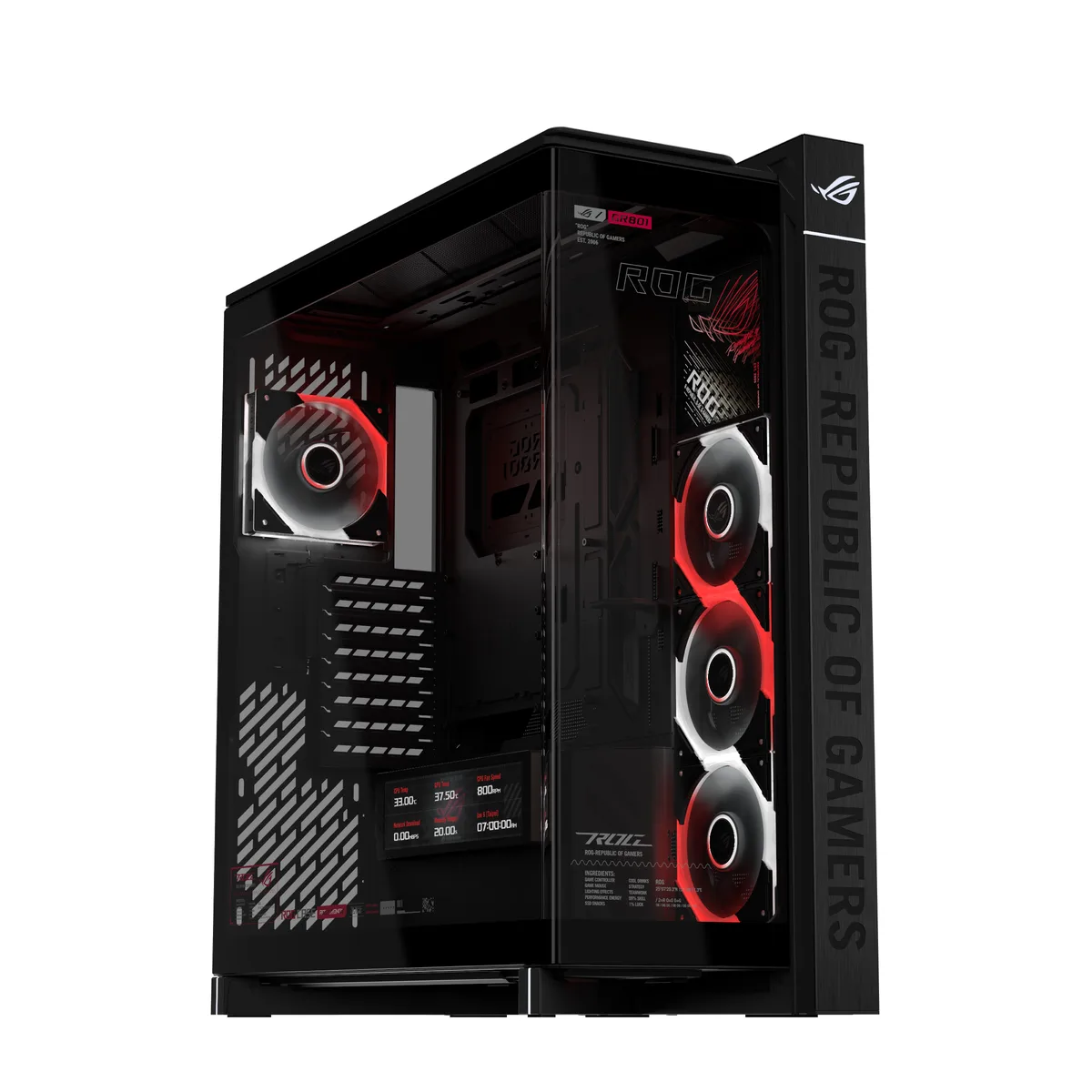 Black ATX mid-tower with curved tempered-glass side panel, aluminium frame, hinged 9.2-inch LCD screen and four pre-installed ARGB fans