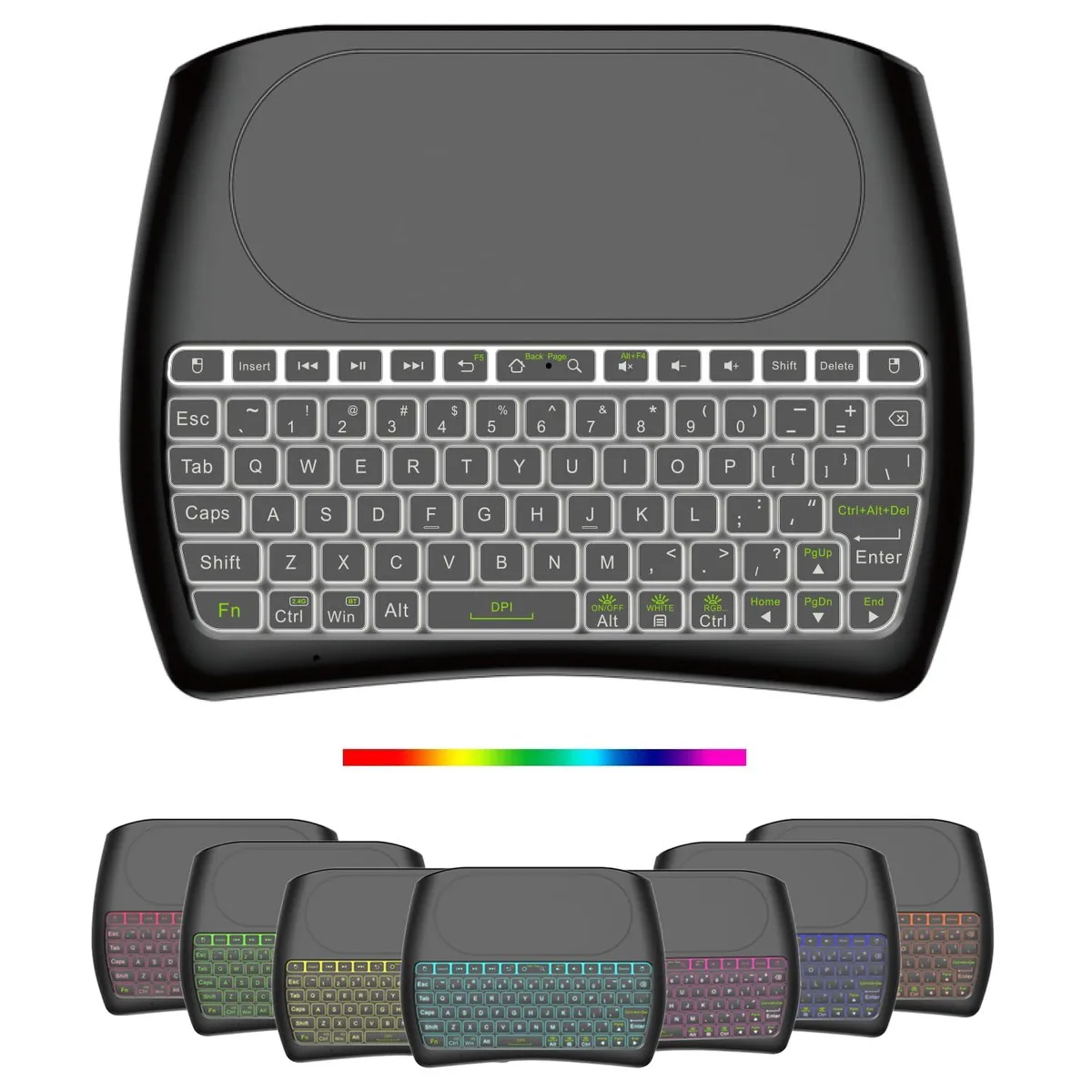 Compact black handheld keyboard with integrated touchpad and contoured grips