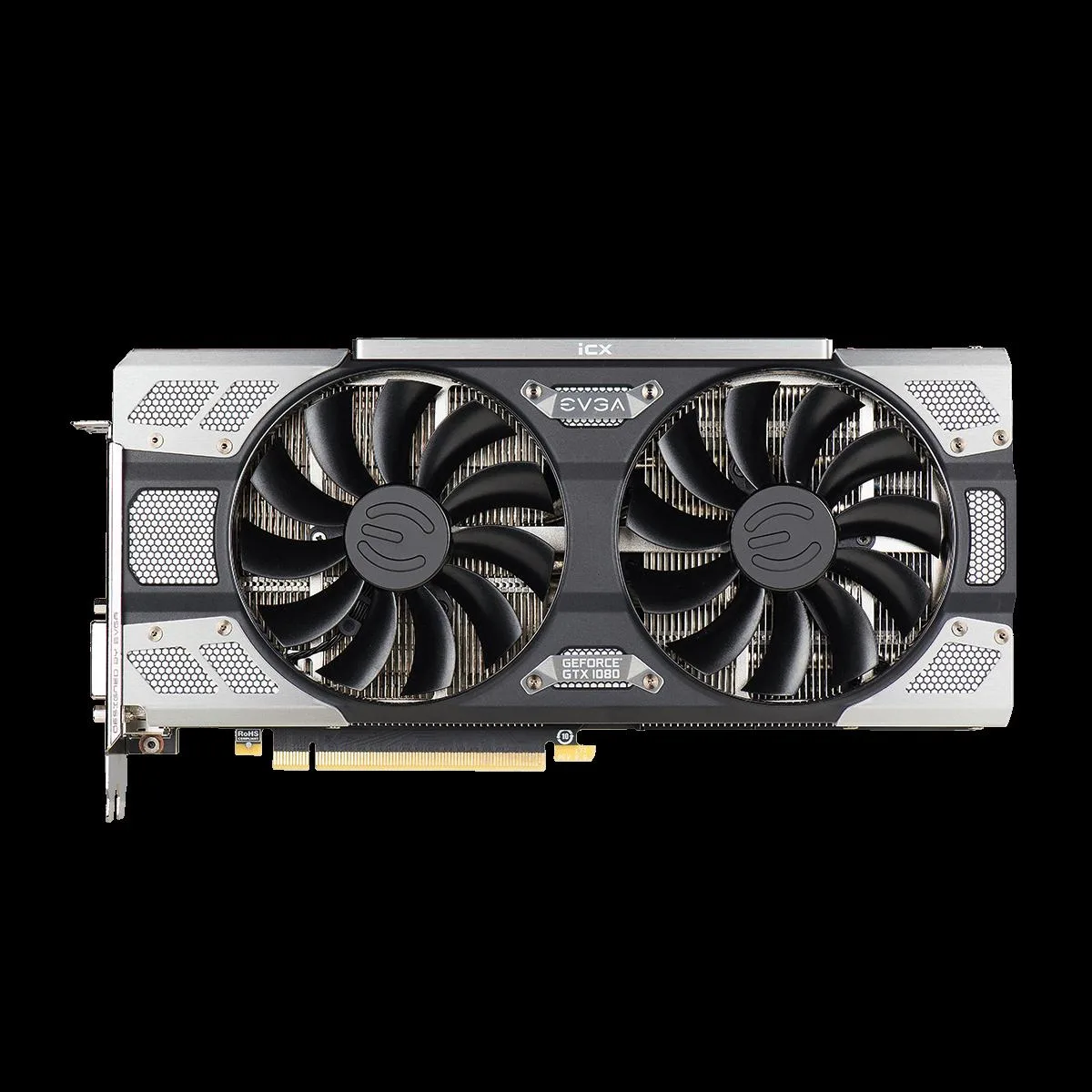 Black dual-fan graphics card with silver heatsink and RGB lighting, 10.5 inches long