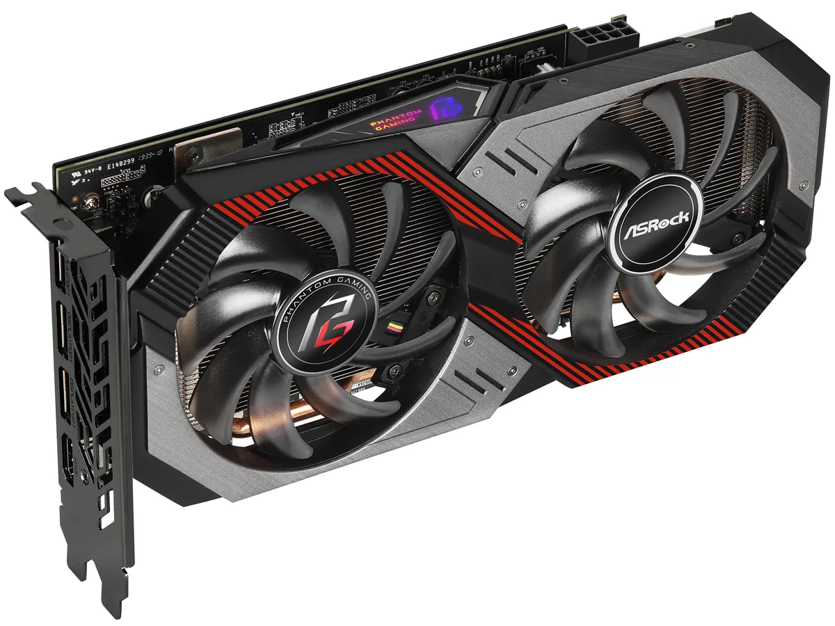 Black dual-fan graphics card with metal backplate, two-slot ATX form factor