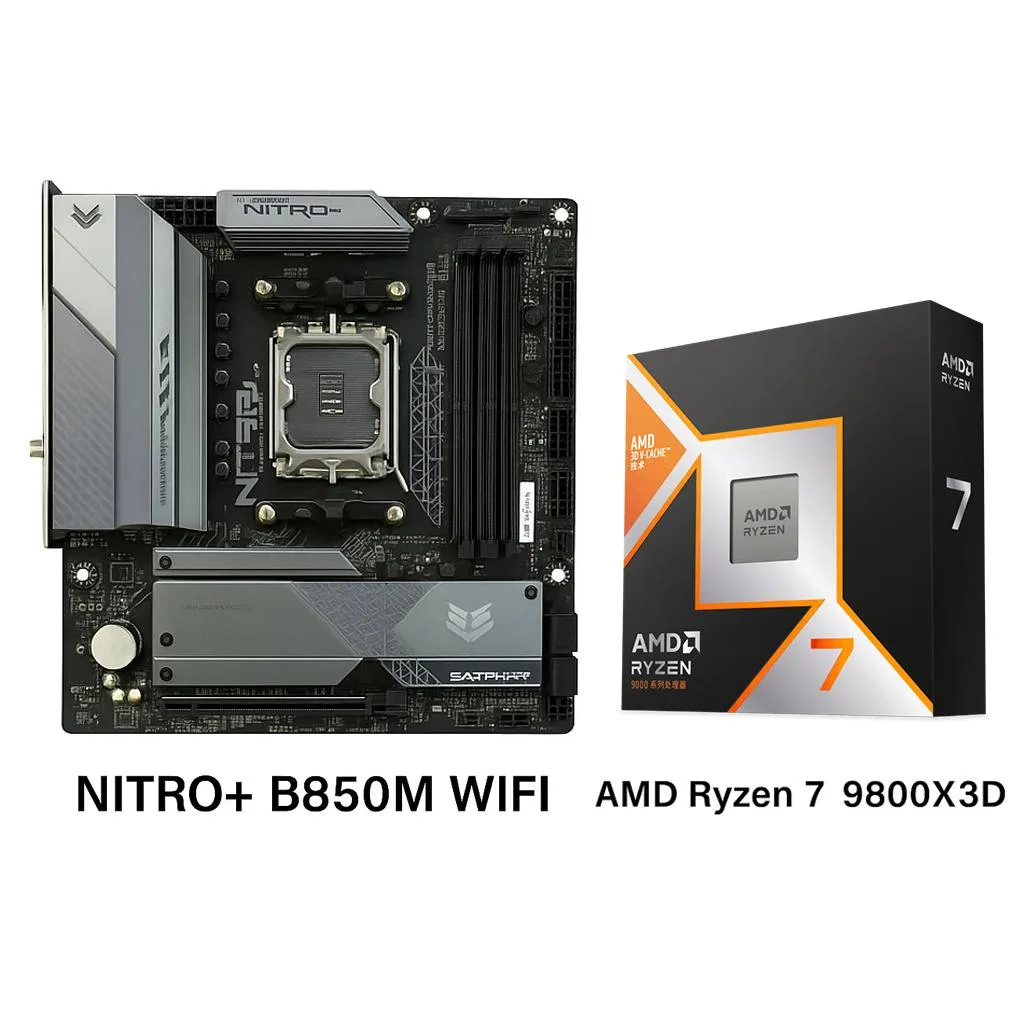 Sapphire NITRO+ B850M micro-ATX motherboard with Ryzen 7 9800X3D CPU in socket
