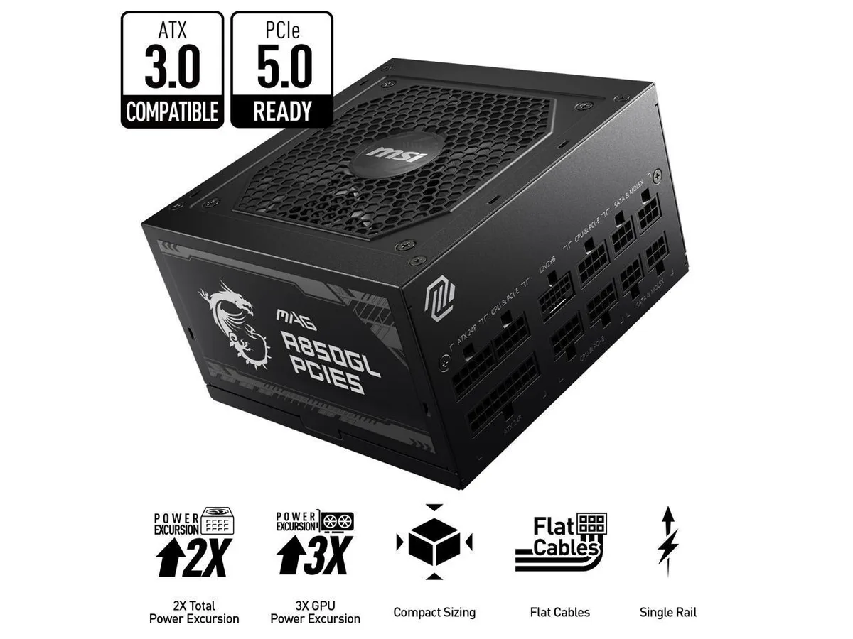 Black rectangular ATX power supply unit with single 120mm fan grille and fully modular cable sockets