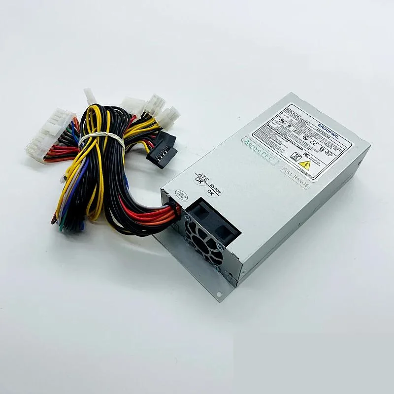 Compact 1U power supply unit with matte metal casing and rear fan grille