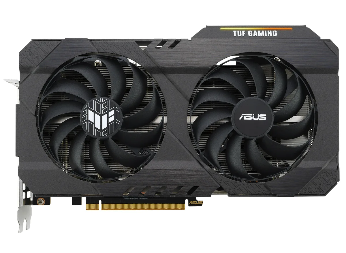 Dual-fan graphics card with industrial grey shroud and exposed heatsink fins