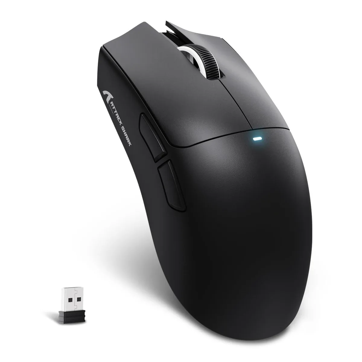 Black ergonomic wireless gaming mouse with five buttons and USB-C port