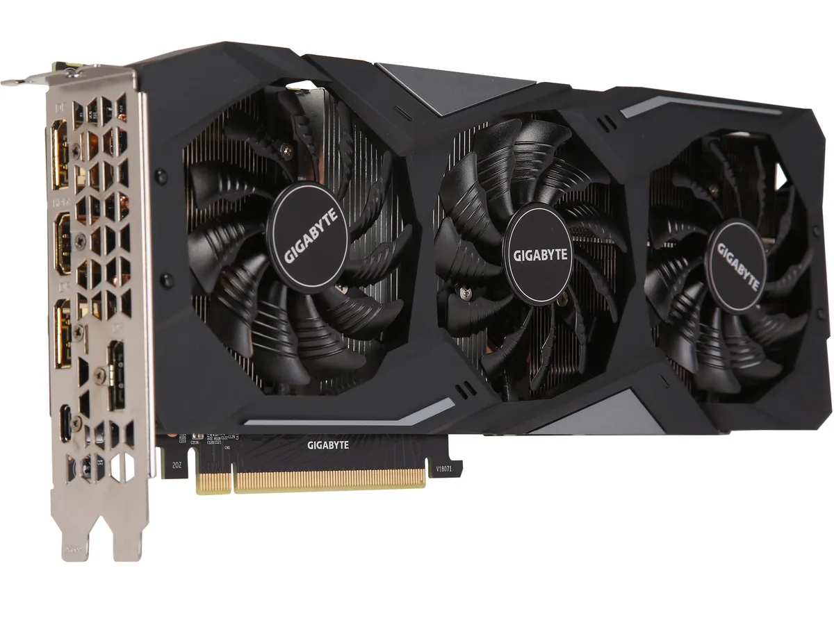 Dual-slot graphics card with three fans and metal backplate