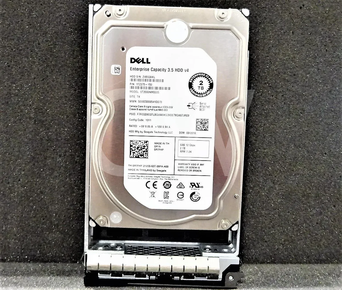 Silver 3.5 inch SAS hard drive with black Dell caddy tray