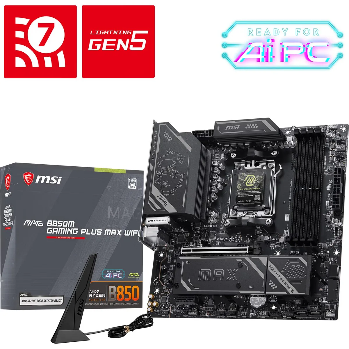 Black rectangular micro-ATX motherboard with silver heatsinks and dual 8-pin CPU power connectors