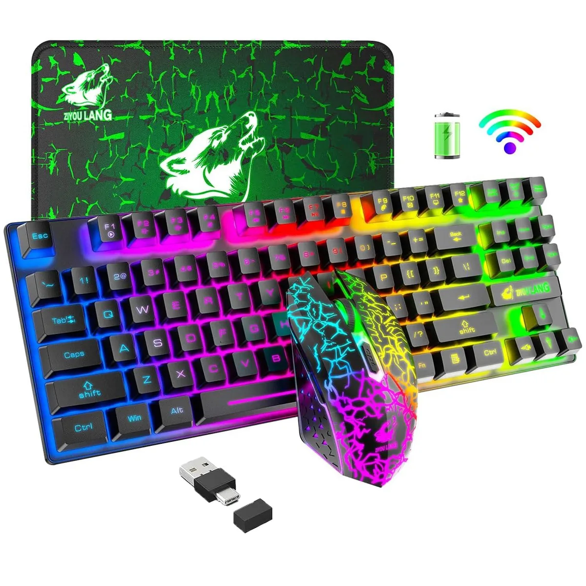 Black 87-key wireless keyboard with RGB mouse and mousepad, rainbow backlighting, compact form