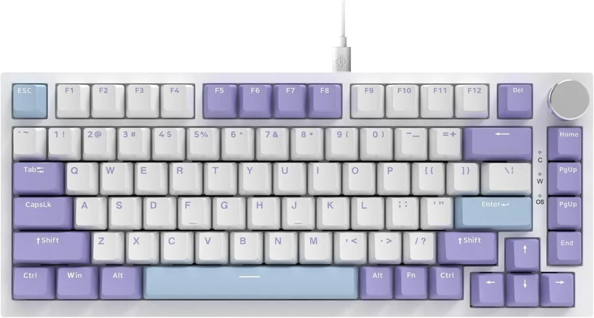 Compact 82-key mechanical keyboard in purple and blue with volume knob and coiled cable