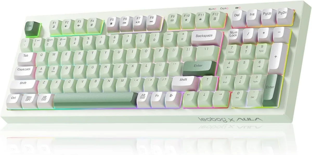 Full-size wireless gaming keyboard in green with RGB backlighting and tactile switches