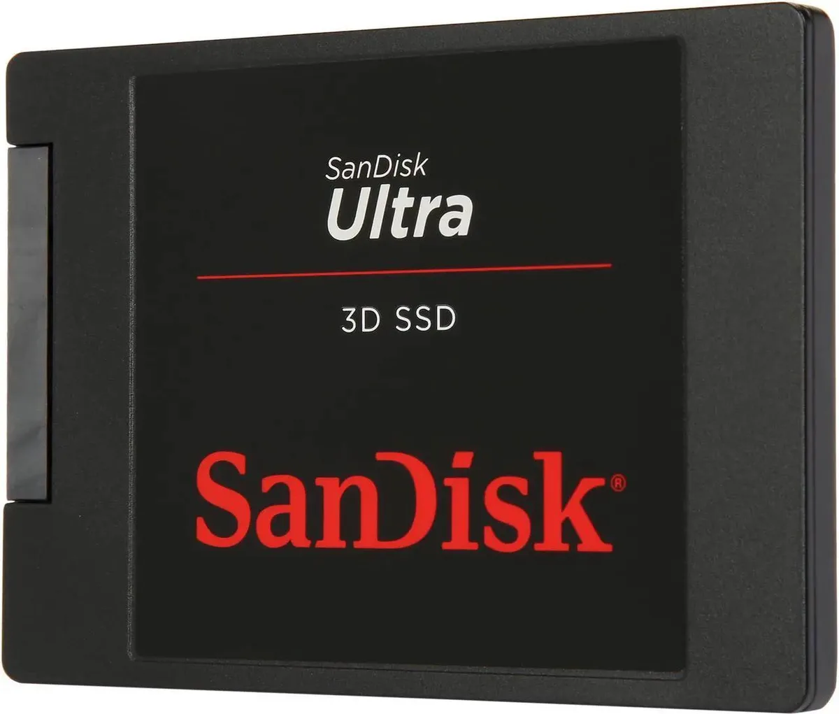 Rectangular silver 2.5 inch SATA SSD with black label